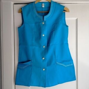 Vintage 70s Turquoise Blue Button-up Vest Apron Work Uniform Women's Sz 44 (M/L)